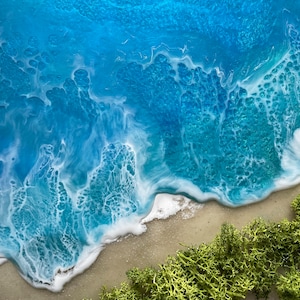 Pu&ograve; includere: Vista aerea di una scena di spiaggia con onde bianche e schiumose che si infrangono su una riva sabbiosa. L'oceano passa dal blu intenso al turchese, con muschio verde nell'angolo in basso a destra.