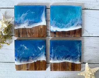 Resin Beach Coasters I Epoxy Resin Ocean Wave Coaster Set I Coastal Home Decor Gift