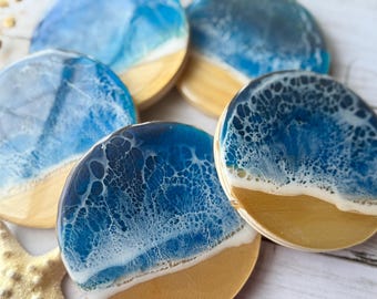 Resin Beach Coasters Set: Epoxy Ocean Wave Coastal Home Decor