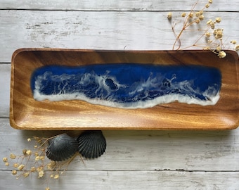 Coastal Beach Wooden Tray | Resin Ocean Wave Tray | Coastal Accessory Tray l Beach Themed Catch-All Dish