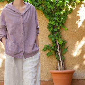 Linen Hooded Summer Cardigans, Bohemian Lightweight Cover-Up, Oversized Cotton Women Jacket, Beach Vacation Kimono, Relaxed Pocket Cardigan