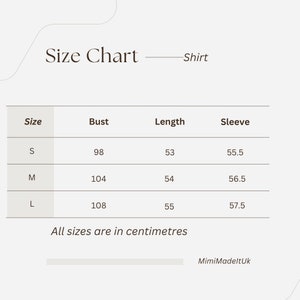 May include: A size chart for a shirt, with measurements in centimeters. The chart includes sizes S, M, and L, with bust, length, and sleeve measurements. The text "All sizes are in centimetres" is also present.