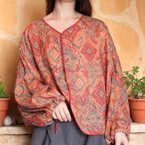Pure Linen Handprinted Summer Jacket, Floral Lightweight Cover-Up, Boho Oversized Jacket, Beach Vacation Kimono, Thin Linen Women&#39;s Clothing