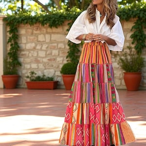 Hand-printed Colourful Bohemian Skirt, Summer Festival Swing Skirt, Loose Stretch Floral Dress, Relaxed Hippie Skirt, Long Beach Maxi Skirt