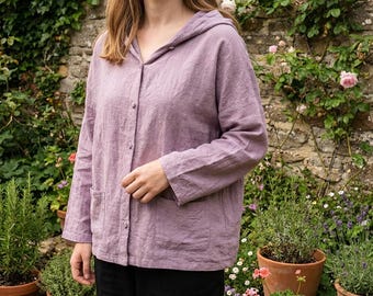 Washed Linen Cotton Hooded Summer Cardigan: Boho Cottage Style Lightweight Layering Jacket