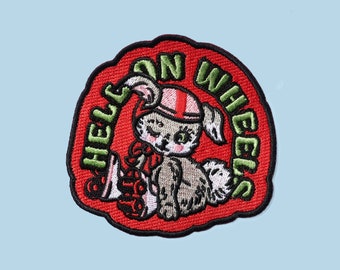 Retro Bunny Patch - Hell On Wheels - Colourful Iron On Novelty Patch - 9x9cm