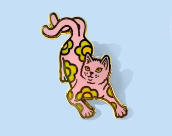 Colourful Cat Hard Enamel Pin - 5x3cm - Pink and Gold Lapel Pin