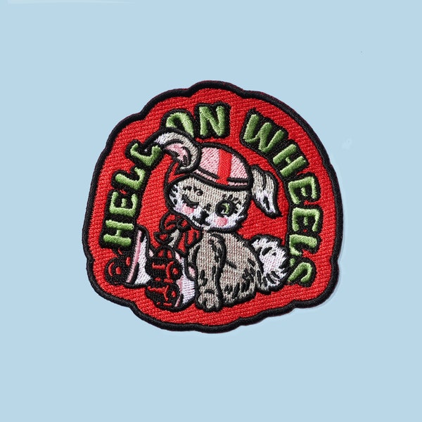 Retro Bunny Patch - Hell On Wheels - Colourful Iron On Novelty Patch - 9x9cm