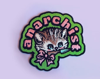 Retro Cat Patch - Anarchist - Colourful Iron On Novelty Patch - 9x8cm