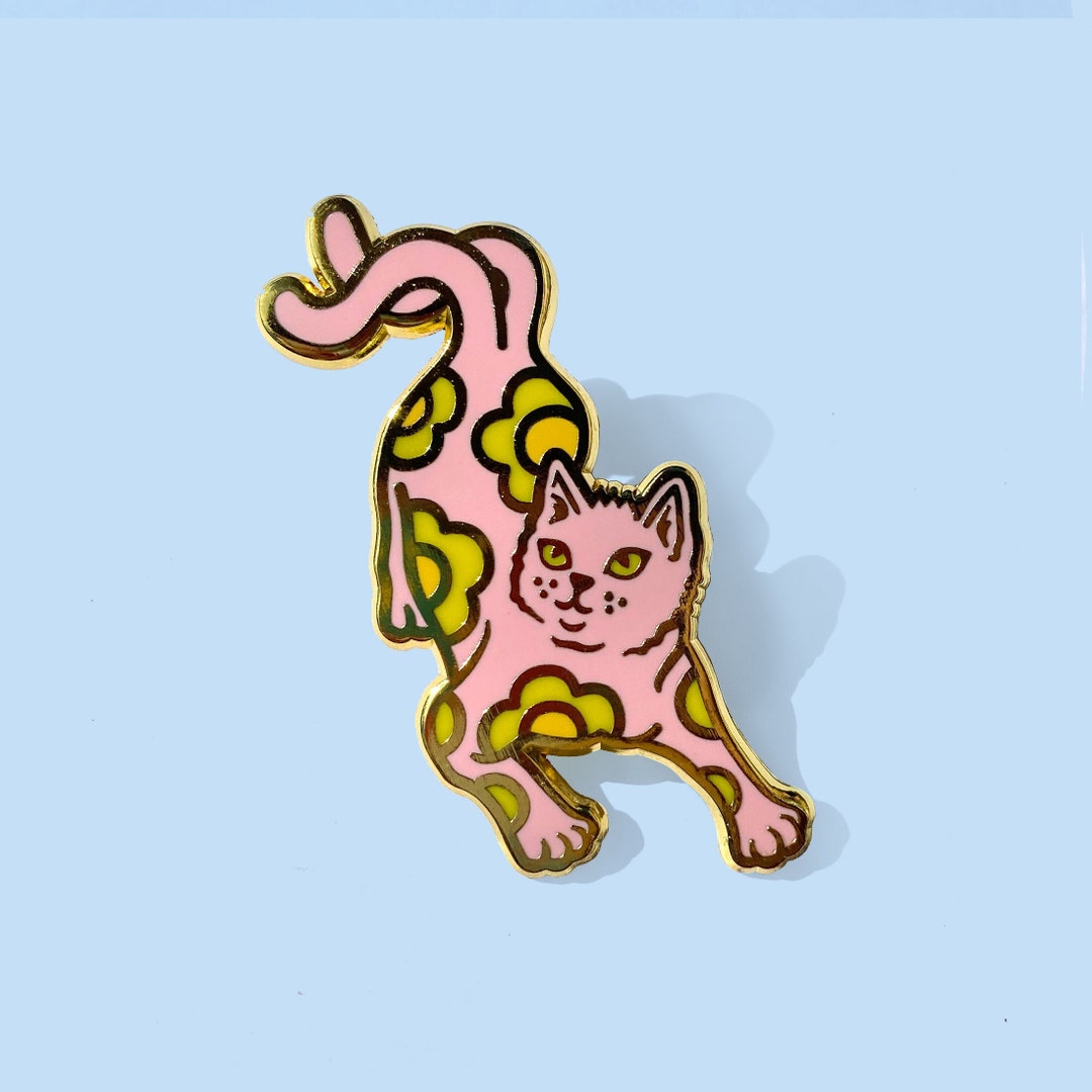 Colourful Cat Hard Enamel Pin - 5x3cm - Pink and Gold Lapel Pin - Etsy