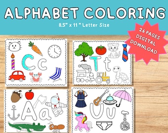 Alphabet Coloring Pages Printable, Preschool Activity (Digital Download)