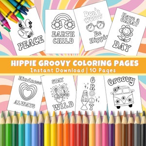 Hippie Coloring Pages – Groovy Retro Peace Sign Printables for Kids & Adults | Instant Download 8.5x11 Coloring Sheets