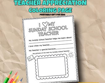 Sunday School Teacher Appreciation Coloring Page | Christian Teacher Gift | Church Kids Activity | Printable PDF