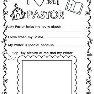 May include: Black and white line art coloring page with the text "I ♡ MY PASTOR". The page includes a church, a heart, an open book, and space to write and draw. A decorative border surrounds the page.