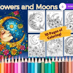 Floral Moon Odyssey Coloring Book | Celestial Botanical Wonders | Digital & Printable Coloring Pages | Adult Coloring Relaxtion |
