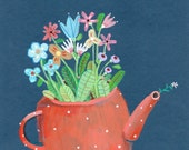 kettle with flowers    Original Painting , home decor