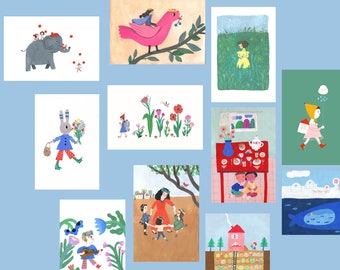 11 postcards set, colorful illustrations and paintings , greeting cards, kids room decor,  Card Set, Card Bundle, Illustrated Postcard