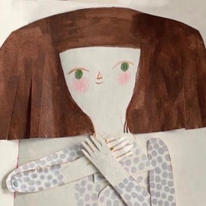 May include: Illustration of a paper doll figure with brown hair, green eyes, and rosy cheeks. The figure wears a light gray dress with a pattern of blue-gray dots. The arms are crossed, and the hands are visible.
