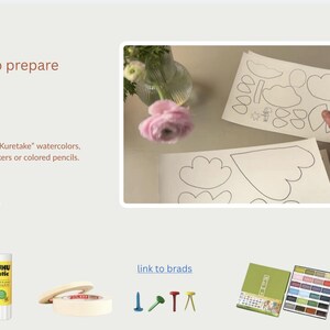 May include: Image showing craft supplies for a project. Includes a craft knife, scissors, glue stick, masking tape, paper fasteners, watercolors, cutting mat, and printed paper templates. Text reads "Step 1: A few things to prepare."