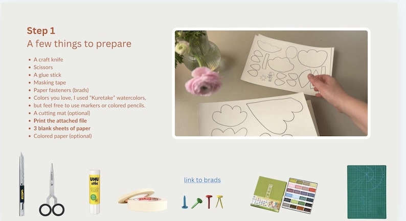 May include: Image showing craft supplies for a project. Includes a craft knife, scissors, glue stick, masking tape, paper fasteners, watercolors, cutting mat, and printed paper templates. Text reads "Step 1: A few things to prepare."