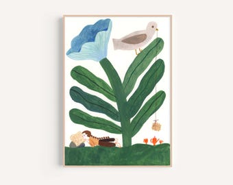 A Big Flower, a Small Reader, and an Invited Bird Original Illustration