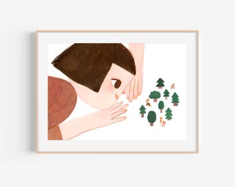Peeking into a Tiny World, Children’s wall art print – whimsical forest illustration – girl and foxes – nursery decor