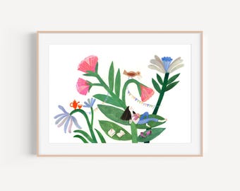 Little Girl Resting on a Flower – Original Gouache Illustration, Peaceful Floral Art
