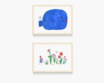 Set of 2 prints Whale, mermaid and flowers  fairy.kids room decor, sisters room decor, kids clinic decor, nature poster