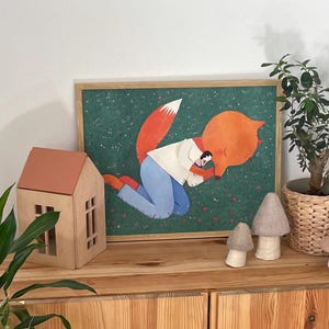 A Hug from the Sleepy Fox, affiche interactive de l'heure du sommeil pour chambre d'enfant. Décoration de chambre d'enfant, décoration de chambre colorée pour filles et garçons
