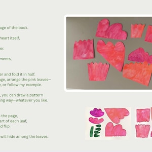 May include: A craft project tutorial with the text "Step 4". The image shows various pink and orange paper cutouts resembling flower petals and leaves. The text provides instructions for creating a layered paper flower.