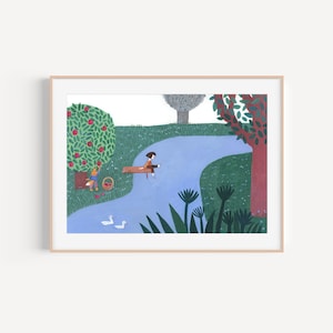zu Fuß zum Fluss Print, Poster für Kinderzimmer. Farbenfrohes friedliches Poster für Kinderzimmerdeko, Kunstwerk für Babyzimmer