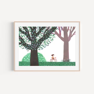 Morgenspaziergang Druck, Poster für Kinderzimmer. Farbenfrohes friedliches Poster für Kinderzimmerdeko, Kunstwerk für Babyzimmer