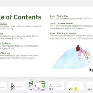 May include: A digital art tutorial page titled "Table of Contents" with a green header. The content includes sections on materials, setting the scene, warm-ups, and drawing techniques. An illustration of a person is on a blue shape.