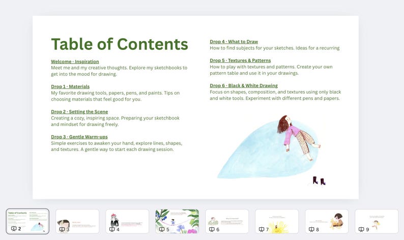 May include: A digital art tutorial page titled "Table of Contents" with a green header. The content includes sections on materials, setting the scene, warm-ups, and drawing techniques. An illustration of a person is on a blue shape.