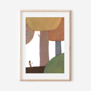 Uccellino nella foresta, poster per la cameretta dei bambini. Decorazione per la cameretta dei bambini, poster colorato e pacifico, opera d'arte per la cameretta dei neonati.