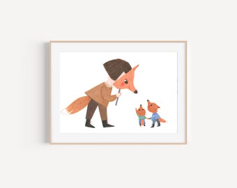 Playing with fox , original artwork for play room decor, sister's room wall decor, wall art, nursery decor, baby girl  room decor