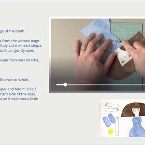 May include: Step-by-step instructions for creating a book page. The image shows hands using a craft knife to cut a heart shape from brown paper. A watercolor illustration of a woman in a blue dress is also shown.