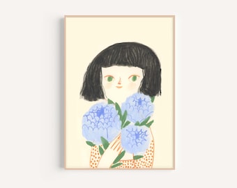 Young Woman with Green Eyes and Flowers,   art print