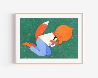 Sleeping Fox and Little Girl, Children’s wall art print – whimsical forest illustration – girl and foxes – nursery decor