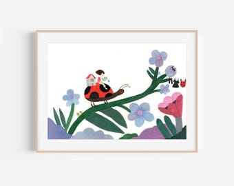 Tiny Adventures: Girl on a Ladybug Original Illustration