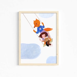 Swinging Among the Clouds Druck, Poster fürs Kinderzimmer. Farbenfrohes friedliches Poster für Kinderzimmerdeko, Kunstwerk für Babyzimmer