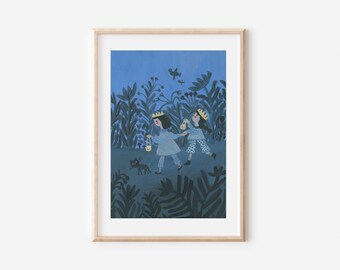 Sisters, print for childrens room, play room, wall decor, evening adventure,  two girls