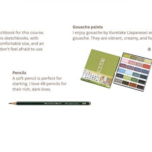 May include: A collection of art supplies including a pink sketchbook, a pencil, gouache paints, and a gouache paint set. The sketchbook has a cream-colored paper. The pencil is black. The gouache paints are in tubes of yellow, blue, and red.