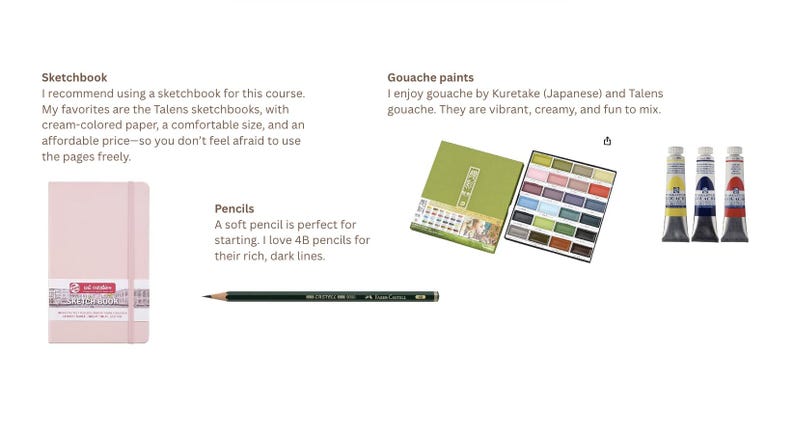 May include: A collection of art supplies including a pink sketchbook, a pencil, gouache paints, and a gouache paint set. The sketchbook has a cream-colored paper. The pencil is black. The gouache paints are in tubes of yellow, blue, and red.