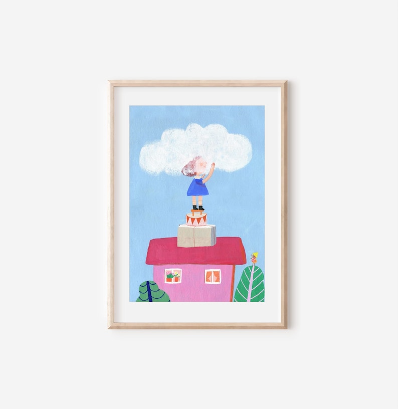 Hug with cloud Big print, mids room decore, painting for childrens room, illustration for kids image 1