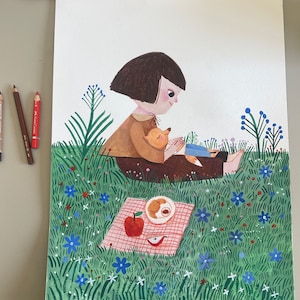 Sognare ad occhi aperti, illustrazione originale per la cameretta dei bambini. Decorazione per la cameretta dei bambini, poster colorato e tranquillo, opera d'arte per la cameretta del neonato.