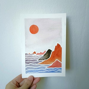 ORIGINELE KUNST Eenvoudig landschap aquarel handgeschilderde muurkunst, postkaart, housewarming cadeau