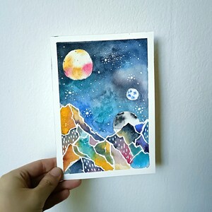 ORIGINELE KUNST Outer Space Galaxy aquarel handgeschilderde muurkunst, postkaart, housewarming cadeau