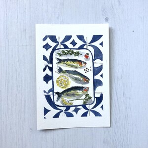 ORIGINELE KUNST Sardine, Vis Aquarel Handgeschilderde Muurkunst, Postkaart, House Warming Gift