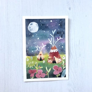 Arte original diversão acampamento noite paisagem aquarela pintada à mão arte de parede, cartão postal, presente de aquecimento de casa